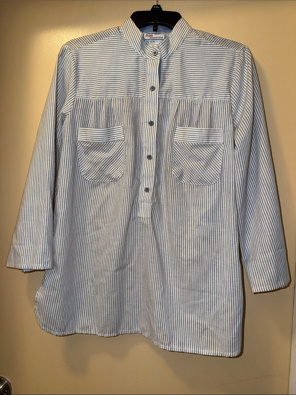 Vintage Avon Blue and White Striped Popover Button 3/4 Length Sleeve Shirt